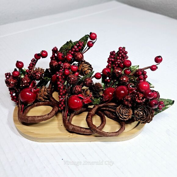 Vtg Pines Berries Twing Cranberry Pinecone Leafs 5 Napking Candle Rings Handmade - Picture 2 of 13